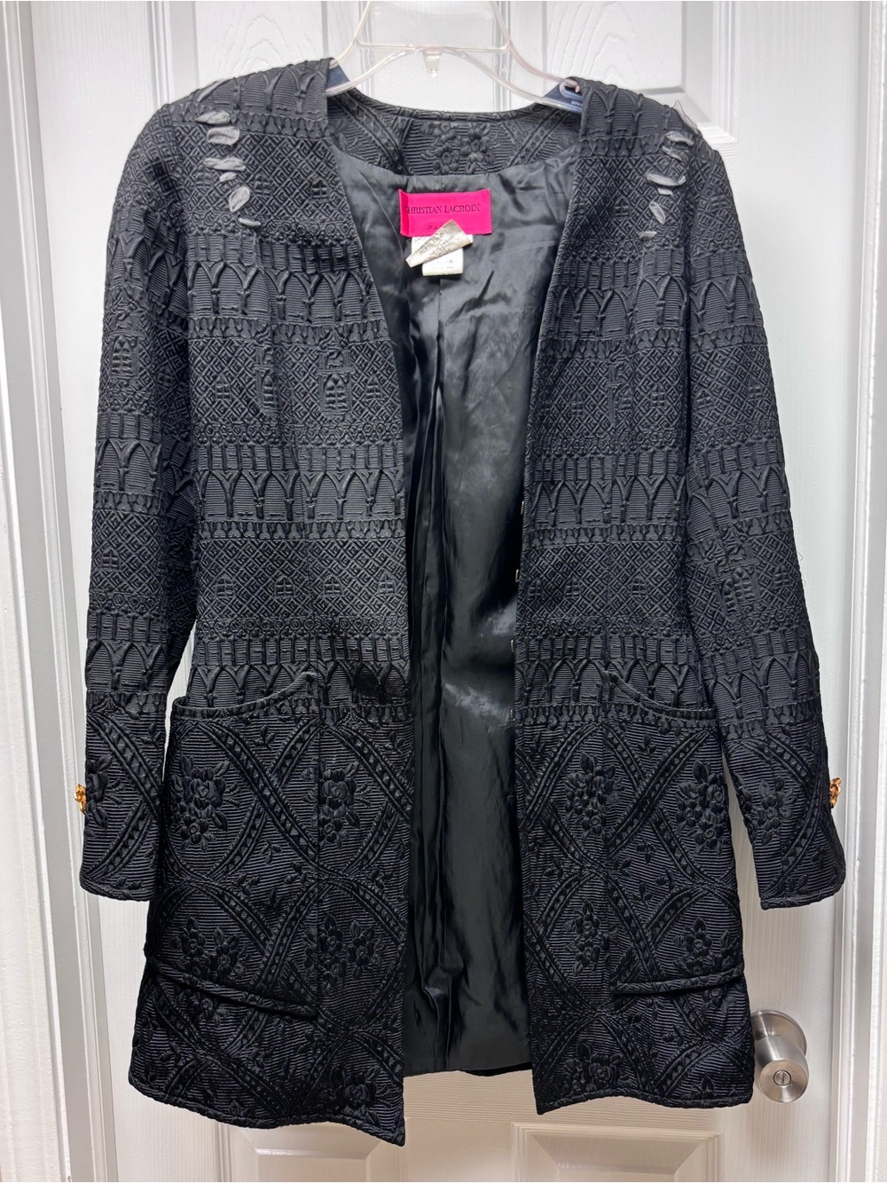 Vintage Christian Lacroix Paris Black Textured Jacquard Coat Size 36